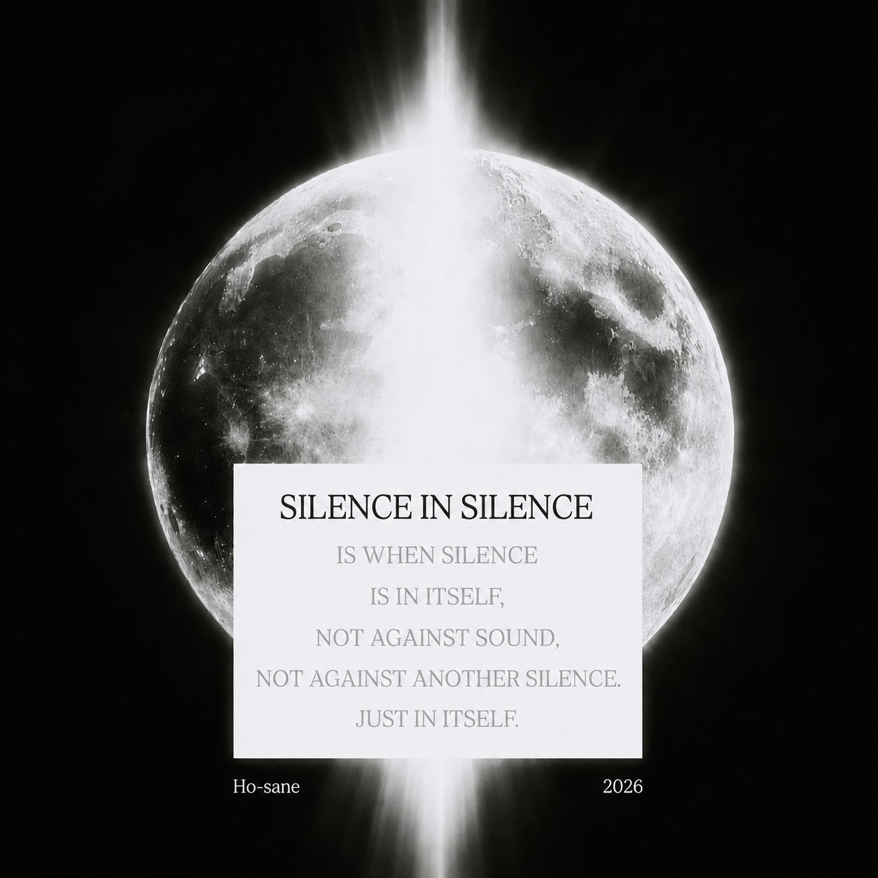 Album cover artwork: a glowing moon crossed by a vertical beam of light, with a white text card