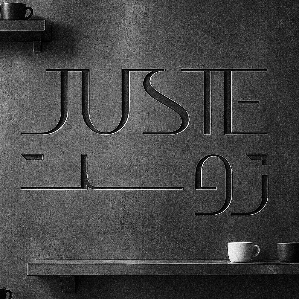 JUSTE ژوست engraved into a concrete wall above two shelves with cups